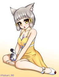 Rule 34 | 1girl, absurdres, animal ears, blunt bangs, breasts, cat ears, chest jewel, dress swimsuit, dromarch (xenoblade), facial mark, highres, lukari, nia (fancy sundress) (xenoblade), nia (xenoblade), one-piece swimsuit, open mouth, short hair, silver hair, small breasts, solo, swimsuit, xenoblade chronicles (series), xenoblade chronicles 2, yellow eyes, yellow one-piece swimsuit
