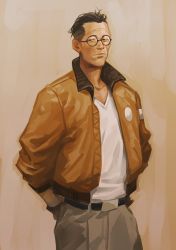 Rule 34 | 1boy, arms behind back, belt, black hair, bomber jacket, cheetahman (1ddghfr78cswc), disco elysium, glasses, hair slicked back, highres, jacket, kim kitsuragi, male focus, pants, round eyewear, shirt, short hair, simple background, solo, standing, t-shirt, undercut, white shirt