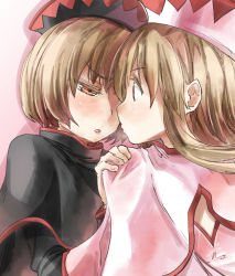 Rule 34 | 2girls, brown eyes, brown hair, capelet, dual persona, half-closed eyes, hand on another&#039;s shoulder, hat, imminent kiss, lily black, lily white, long hair, multiple girls, open mouth, pink capelet, selfcest, short hair, touhou, upper body, yohane, yuri