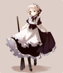 Rule 34 | 1girl, apron, black bow, black dress, black hairband, black pantyhose, blush, boots, bow, broom, brown background, closed mouth, commentary request, cross-laced footwear, dress, frilled apron, frilled hairband, frills, full body, green eyes, grey footwear, hair bow, hairband, head tilt, holding, holding broom, lace-up boots, light brown hair, long hair, maid, original, pantyhose, puffy short sleeves, puffy sleeves, short sleeves, skirt hold, solo, standing, standing on one leg, waist apron, white apron, wrist cuffs, yuzuyomogi