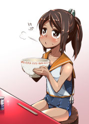 Rule 34 | 10s, 1girl, brown hair, chopsticks, i-401 (kancolle), kantai collection, one-piece swimsuit, ponytail, school swimsuit, shiden (sashimi no wife), short hair, solo, swimsuit, swimsuit under clothes