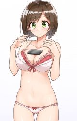 Rule 34 | 10s, 1girl, bare arms, blush, bow, bow panties, bra, breasts, brown hair, cellphone, cleavage, cowboy shot, eyebrows, gluteal fold, green eyes, highres, idolmaster, idolmaster cinderella girls, large breasts, looking at viewer, maekawa miku, navel, object on breast, panties, phone, red bow, red ribbon, ribbon, short hair, shunichi, simple background, smartphone, solo, tawawa challenge, underwear, underwear only, white background, white bra, white panties