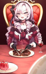 Rule 34 | 1girl, absurdres, alcohol, bare shoulders, black choker, black gloves, black hairband, black ribbon, blush, breasts, chair, cherry, chest tattoo, choker, commentary, cup, dress, drill hair, drinking glass, food, fork, fruit, gem, gloves, hair ornament, hair ribbon, hairband, highres, holding, holding fork, holding knife, hyakumantenbara salome, hyakumantenbara salome (1st costume), juliet sleeves, knife, long hair, long sleeves, looking at viewer, medium breasts, nijisanji, off-shoulder dress, off shoulder, open mouth, parted bangs, plate, pudding, puffy sleeves, purple eyes, purple hair, red dress, red gemstone, ribbon, scorpion tattoo, sitting, smile, solo, steak, table, tattoo, virtual youtuber, wine, wine glass, yuje kr