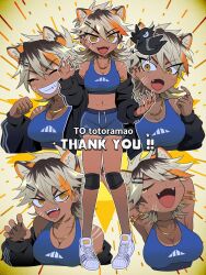 Rule 34 | 1girl, animal ears, bird, black bird, black nails, blonde hair, blue shorts, brown hair, commission, crop top, dark-skinned female, dark skin, fang, g tsurius, hair ornament, hairclip, highres, indie virtual youtuber, jewelry, knee pads, multiple views, necklace, open mouth, ring, shoes, short hair, shorts, skeb commission, skin fang, sneakers, sports bra, tan, tanline, thank you, tiger ears, tiger girl, totora mao, white footwear, yellow eyes