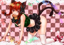 Rule 34 | 1girl, all fours, alternate costume, animal ears, bad id, bad pixiv id, bare shoulders, bell, beniyaorin, bow, braid, breasts, cat ears, cat girl, cat tail, cleavage, female focus, food, food in mouth, hair bow, kaenbyou rin, long hair, midriff, mouth hold, multiple tails, no panties, red eyes, red hair, ribbon, skirt, solo, sparkle, tail, taiyaki, thighhighs, touhou, twin braids, wagashi, white thighhighs