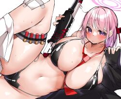 Rule 34 | 1girl, absurdres, between breasts, bikini, black bikini, blue archive, breasts, bullet, cleavage, commentary request, dual-mode shotgun, eimi (blue archive), gun, halo, highres, holding, holding gun, holding weapon, huge breasts, kshimu, looking at viewer, lying, navel, necktie, necktie between breasts, on side, pink hair, pump-action shotgun, pump action, purple eyes, red necktie, semi-automatic shotgun, short hair, shotgun, simple background, solo, spas-12, stomach, swimsuit, thigh strap, weapon, white background
