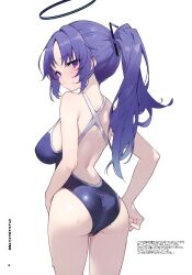 Rule 34 | 1girl, absurdres, ass, bare shoulders, blue archive, blush, breasts, closed mouth, from behind, hair ornament, hand on own hip, harenchi, highres, long hair, looking at viewer, looking back, medium breasts, one-piece swimsuit, page number, pale skin, ponytail, purple eyes, purple hair, shiny clothes, shiny skin, simple background, swimsuit, thighs, water, water drop, white background, yuuka (blue archive)