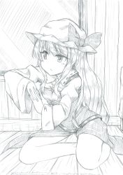 Rule 34 | 1girl, bow, collar, collared shirt, commentary request, cuffs, dress, elbow rest, graphite (medium), greyscale, hat, hat bow, highres, interlocked fingers, long hair, long sleeves, looking away, mahiro (akino-suisen), monochrome, open mouth, puffy long sleeves, puffy sleeves, sash, shirt, sidelocks, sitting, sleeve cuffs, solo, touhou, traditional media, underwear, watatsuki no toyohime