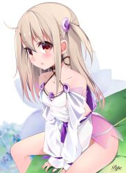 Rule 34 | 1girl, bare shoulders, blonde hair, blush, breasts, collarbone, cosplay, dress, fate/grand order, fate/kaleid liner prisma illya, fate/requiem, fate (series), highres, illyasviel von einzbern, jewelry, long hair, long sleeves, looking at viewer, magatama, magatama hair ornament, magatama necklace, necklace, open mouth, pei iriya, pelvic curtain, puffy long sleeves, puffy sleeves, purple ribbon, red eyes, ribbon, seigaiha, short dress, sideless outfit, sidelocks, sitting, small breasts, solo, utsumi erice, utsumi erice (cosplay), white dress