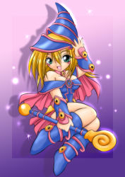 Rule 34 | 1girl, blonde hair, blue eyes, blush, blush stickers, dark magician girl, duel monster, fang, green eyes, looking at viewer, open mouth, solo, toon dark magician girl, yu-gi-oh!, yu-gi-oh! duel monsters