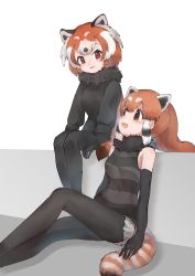 Rule 34 | 2girls, :3, animal ears, bare shoulders, black fur, black gloves, black legwear, black neckwear, black shirt, black sweater, bow, bowtie, brown eyes, commentary request, elbow gloves, extra ears, fur collar, gloves, highres, kemono friends, lesser panda (kemono friends), long hair, long sleeves, looking at another, multicolored hair, multiple girls, multiple persona, panda ears, panda girl, panda tail, pantyhose, red hair, shirt, short hair, short shorts, shorts, sidelocks, sitting, sleeveless, striped clothes, striped shirt, sweater, tatsuno newo, white hair
