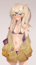 Rule 34 | 1girl, absurdres, antenna hair, arms at sides, badge, bare shoulders, bikini, black bikini, blue eyes, blush, breasts, brown hair, button badge, coat, commentary request, cowboy shot, hair between eyes, hair ornament, highres, jewelry, kasukabe tsumugi, long hair, looking at viewer, magatama, micro bikini, mole, mole under eye, navel, necklace, off shoulder, parted lips, partner (kprtnr), side ponytail, sidelocks, small breasts, solo, standing, string bikini, swimsuit, voicevox, yellow coat