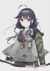 Rule 34 | 1girl, absurdres, arrow (projectile), black gloves, bow (weapon), camouflage, cowboy shot, earrings, fingerless gloves, flight deck, gloves, hair flaps, hairband, highres, holding, holding bow (weapon), holding weapon, jewelry, kantai collection, low twintails, magatama, magatama earrings, muneate, nami nami (belphegor-5812), necktie, purple hair, red eyes, red necktie, ryuuhou (kancolle), ryuuhou kai ni (kancolle), solo, taigei (kancolle), twintails, weapon, yumi (bow)