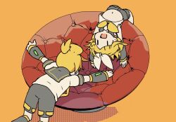 Rule 34 | 1boy, 1girl, :d, belly, blonde hair, bow, brother and sister, chibi, couch, detached sleeves, grey leg warmers, grey sailor collar, grey shorts, hair bow, hair ornament, hairclip, halftone texture, headphones, kagamine len, kagamine rin, leg warmers, lying, midriff, navel, neckerchief, necktie, on back, open mouth, orange background, sailor collar, short hair, short ponytail, shorts, siblings, smile, twins, upside-down, vocaloid, wakolenrin, white bow, x navel, yellow neckerchief, yellow necktie, | |