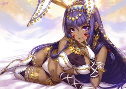 Rule 34 | animal ears, armband, bare shoulders, bikini, breasts, bridal gauntlets, cleavage, closed mouth, dark-skinned female, dark skin, earrings, egyptian, facepaint, facial mark, fake animal ears, fate/grand order, fate (series), hair rings, hoop earrings, jewelry, leotard, long hair, low-tied long hair, lying, medium breasts, multi-strapped bikini, nail polish, necklace, nitocris (fate), on side, playboy bunny, purple eyes, purple hair, rabbit ears, sakiyamama, see-through, see-through cleavage, smile, solo, swimsuit, thighhighs, thighlet, thighs, white bikini, white thighhighs