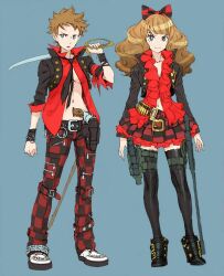 Rule 34 | 1boy, 1girl, bow, brother and sister, brown hair, checkered bow, checkered clothes, checkered pants, checkered skirt, commentary request, cropped jacket, frilled skirt, frills, green eyes, gun, gunslinger stratos, hair bow, handgun, holding, holding sword, holding weapon, holster, kuroe akane, kuroe asuma, midriff, miniskirt, navel, nishimura kinu, revolver, siblings, sisters, skirt, smile, sword, thighhighs, twins, wavy hair, weapon, wristband