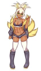 Rule 34 | 1girl, abs, animal ears, bare shoulders, boots, borrowed character, breasts, collarbone, commentary, commission, cutoffs, dark-skinned female, dark skin, english commentary, fox ears, fox girl, fox tail, full body, gluteal fold, green eyes, hand up, harumi (elh), head tilt, high ponytail, highres, jacket, knee boots, legs apart, long hair, looking at viewer, multiple tails, nav (itsnav), navel, off shoulder, original, parted lips, pigeon-toed, ponytail, short shorts, shorts, simple background, skindentation, small breasts, smile, solo, standing, tail, thighhighs, toned, unbuttoned, white background, white hair, white thighhighs