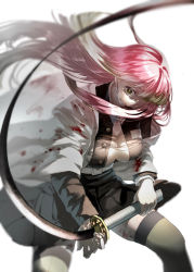 Rule 34 | 1girl, absurdres, action, bad id, bad pixiv id, belt, black skirt, blood, blood on clothes, blood on face, blurry, breasts, cleavage, depth of field, feet out of frame, floating hair, gloves, green hair, green thighhighs, hair down, hair over one eye, haori, highres, holding, holding sword, holding weapon, indoors, japanese clothes, kanroji mitsuri, kimetsu no yaiba, large breasts, long hair, long sleeves, looking at viewer, mau sakura, miniskirt, multicolored hair, pink hair, pleated skirt, shaded face, simple background, skirt, solo, standing, streaked hair, sword, thighhighs, two-tone hair, unbuttoned, uniform, weapon, white background, white gloves