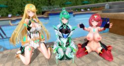 Rule 34 | 3d, 3girls, alternate costume, armor, arms behind back, arms up, bare legs, blurry, blurry background, blush, boots, breasts, bush, chair, cleavage, cleavage cutout, closed mouth, clothed female nude female, clothing cutout, covered navel, custom maid 3d 2, dress, earrings, elbow gloves, female focus, fingerless gloves, fingernails, full body, gem, glass, gloves, green eyes, hair ornament, hairband, headpiece, high heels, high ponytail, highres, jewelry, kneeling, large breasts, long hair, long sleeves, looking at viewer, matching hair/eyes, mosaic pattern, multiple girls, multiple persona, mythra (xenoblade), naughty face, navel, nintendo, nude, outdoors, pervert, pneuma (xenoblade), pool, pussy, pyra (xenoblade), red eyes, red hair, sagging breasts, see-through, shirt, short hair, short sleeves, shoulder armor, sidelocks, silver nails, simple background, sitting, skirt, smile, spoilers, swept bangs, tiara, triple persona, umbrella, wariza, watch, water, wedge heels, white dress, xenoblade chronicles (series), xenoblade chronicles 2, yellow eyes