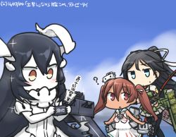 Rule 34 | 3girls, ?, abyssal ship, anchorage water oni, black hair, blue eyes, blue sky, blush, bow (weapon), brown eyes, brown hair, cellphone, cloud, colored skin, commentary request, dark skin, dark-skinned female, dated, day, dress, flight deck, hair ribbon, hamu koutarou, horns, japanese clothes, kantai collection, katsuragi (kancolle), libeccio (kancolle), long hair, machinery, multiple girls, ocean, open mouth, paravane, phone, ponytail, ribbon, sailor dress, sky, smartphone, sparkle, sweat, twintails, weapon, white dress, white skin