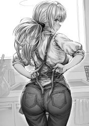 Rule 34 | 1girl, adjusting clothes, apron, ass, commentary request, denim, from behind, gibagiba, greyscale, highres, indoors, jeans, kitchen, looking at viewer, looking back, monochrome, original, pants, ponytail, pov, sayama saho (gibagiba)
