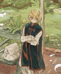 Rule 34 | 1boy, backpack, bag, bench, blonde hair, brown eyes, crossed arms, foliage, hunter x hunter, kurapika, leaning, multicolored clothes, nococy, short hair, solo