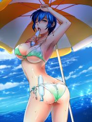 Rule 34 | 1girl, 9tt6, armpits, ass, bikini, blue eyes, blue hair, breasts, butt crack, fire emblem, front-tie bikini top, front-tie top, gender request, genderswap, green bikini, large breasts, licking, looking back, marth (fire emblem), nintendo, one eye closed, open mouth, sexually suggestive, short hair, side-tie bikini bottom, swimsuit, tongue, tongue out, umbrella, wet