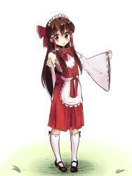 Rule 34 | 1girl, adapted costume, alternate costume, apron, arms up, bad id, bad pixiv id, black footwear, blush, boa (brianoa), bow, brown eyes, brown hair, detached sleeves, enmaided, full body, grass, hair bow, hair tubes, hakama, hakama short skirt, hakama skirt, hakurei reimu, head tilt, highres, japanese clothes, kneehighs, long hair, looking down, maid, maid apron, maid headdress, mary janes, pebble, pigeon-toed, red skirt, ribbon-trimmed legwear, ribbon-trimmed sleeves, ribbon trim, sarashi, shoes, skirt, sleeveless, socks, solo, touhou, transparent background, very long hair, waist apron, white background