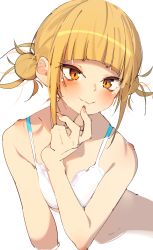 Rule 34 | 1girl, absurdres, blonde hair, blunt bangs, boku no hero academia, bra, breasts, closed mouth, double bun, hair bun, hand on own face, highres, looking at viewer, medium breasts, navel, rasusurasu, short hair, simple background, smile, solo, toga himiko, underwear, upper body, white background, white bra, yellow eyes