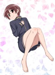 Rule 34 | 1girl, bare legs, barefoot, blush, brown eyes, brown hair, closed mouth, coat, commentary request, dot nose, hand on own chest, jacket, knees together feet apart, long sleeves, looking at viewer, lying, makicha (sasurainopink), miyanaga saki, naked coat, naked jacket, on back, petals, saki (manga), short hair, smile, solo
