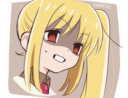 Rule 34 | 1girl, artist name, blonde hair, bocchi the rock!, bow, bowtie, brown background, clenched teeth, collared shirt, empty eyes, from side, ijichi nijika, komipe512, looking away, red bow, red bowtie, red eyes, shaded face, shirt, side ponytail, sidelocks, sweat, sweatdrop, teeth, twitter username, two-tone background, upper body, v-shaped eyebrows, white background