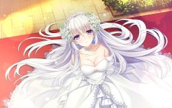 Rule 34 | 1girl, blush, braid, breasts, cleavage, closed mouth, collarbone, crown braid, dress, elbow gloves, floating hair, flower, from above, game cg, gloves, hair between eyes, hair flower, hair ornament, lens flare, long dress, long hair, looking at viewer, medium breasts, purple eyes, senkou no clarias, shelly linestad, smile, solo, strapless, strapless dress, suzuhira hiro, very long hair, wedding dress, white dress, white flower, white gloves, white hair