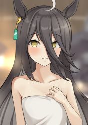 Rule 34 | 1girl, ahoge, animal ears, bare arms, bare shoulders, black hair, blurry, blurry background, blush, breasts, brown eyes, cleavage, closed mouth, collarbone, commentary request, depth of field, ear piercing, hair between eyes, hand up, highres, horse ears, long hair, looking at viewer, manhattan cafe (umamusume), mitsumine raimu, naked towel, piercing, small breasts, smile, solo, towel, umamusume, upper body, very long hair