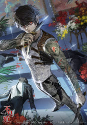 Rule 34 | 10s, 2013, 4boys, assassin, belt, black hair, bracelet, chain, death, flower, formal, highres, jewelry, knife, logo, lying, male focus, multiple boys, on back, original, painting (object), pants, perspective, plant, red eyes, standing, suit, takayama toshiaki, tattoo, watermark
