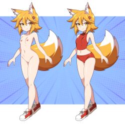 Rule 34 | 1girl, absurdres, abysswatchers, animal ear fluff, animal ears, arms at sides, blonde hair, breasts, buruma, cleft of venus, commission, fox ears, fox girl, fox tail, full body, hair ornament, highres, looking at viewer, midriff, navel, nude, pussy, red buruma, senko (sewayaki kitsune no senko-san), sewayaki kitsune no senko-san, shoes, short hair, small breasts, sneakers, standing, tail, thighs, track and field, track uniform, wide hips, yellow eyes