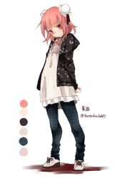 Rule 34 | 1girl, alternate costume, arms behind back, bun cover, cardigan, color guide, contemporary, double bun, full body, hair bun, ibaraki kasen, long sleeves, looking at viewer, pants, pink hair, plaid, plaid pants, red eyes, shirt, shoes, short hair, simple background, smile, sneakers, solo, touhou, toutenkou, twitter username, white background