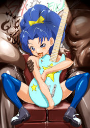 Rule 34 | 10s, 1girl, 2boys, blue eyes, blue hair, blue thighhighs, blush, bow, cum, drugs, electric guitar, guitar, hair bow, instrument, kirakira precure a la mode, looking at viewer, multiple boys, nude, pill, ponytail, precure, shimotsuki juugo, shoes, short hair, solo focus, spread legs, tategami aoi, thighhighs, tongue, tongue out, yellow bow