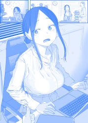 Rule 34 | 0 0, 1girl, 4boys, ^^^, blue theme, blush, breasts, chair, clock, commentary request, computer, earrings, getsuyoubi no tawawa, highres, himura kiseki, jewelry, joushi-chan (tawawa), laptop, large breasts, long hair, long sleeves, looking at viewer, monochrome, multiple boys, office lady, on chair, open mouth, pov, shirt, sidelocks, sitting, tears, thumbs up