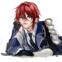 Rule 34 | 10s, 1boy, aqua eyes, armor, black gloves, child, collared shirt, gloves, half gloves, head rest, jacket, japanese armor, looking at viewer, male focus, military uniform, necktie, parted lips, personification, red hair, shinano toushirou, simple background, sketch, smile, solo, touken ranbu, vambraces, white background, yamakawa umi