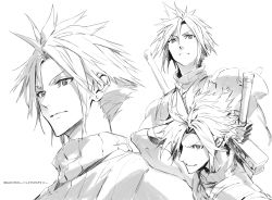 Rule 34 | 1boy, armor, asymmetrical hair, buster sword, cloud strife, earrings, fighting stance, final fantasy, final fantasy vii, final fantasy vii remake, gloves, greyscale, hair between eyes, hair over one eye, highres, jewelry, legacy zechs, monochrome, multiple views, muscular, muscular male, portrait, shoulder armor, single earring, sleeveless, sleeveless turtleneck, spiked hair, suspenders, turtleneck, upper body, weapon, weapon on back, white background