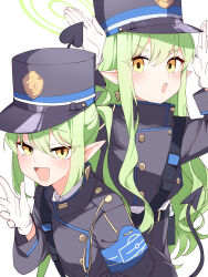 Rule 34 | 2girls, absurdres, black hat, black jacket, black tail, blue archive, blush, demon tail, earrings, fang, fill (fill lemonn), gloves, green hair, green halo, halo, hat, hikari (blue archive), nozomi (blue archive), highres, jacket, jewelry, long hair, long sleeves, looking at viewer, multiple girls, open mouth, peaked cap, pointy ears, sidelocks, simple background, single earring, skin fang, smile, tail, twintails, white background, white gloves, yellow eyes