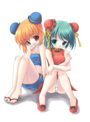 Rule 34 | 2girls, bare shoulders, blush, bun cover, china dress, chinese clothes, dress, green eyes, green hair, multiple girls, non-web source, open mouth, orange hair, original, panties, piko (mea), red eyes, sandals, short hair, sitting, skirt, underwear, white background