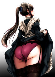Rule 34 | 1girl, arekishi raiho, ass, black background, black hair, blue eyes, blush, butt crack, commentary, garter belt, gradient background, highres, lifted by self, long hair, looking at viewer, looking back, maid, maid headdress, original, panties, ponytail, red panties, solo, thighs, underwear, wide hips