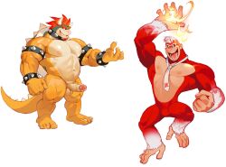 Rule 34 | 2boys, abs, arm up, bara, bowser, clenched hand, donkey kong, donkey kong (series), erection, fire, full body, furry, furry male, girthy penis, highres, horikwawataru, huge eyebrows, large hands, large pectorals, male focus, monkey boy, multiple boys, muscular, muscular male, naked necktie, navel, necktie, nintendo, nipples, outstretched arm, pectorals, penis, pyrokinesis, short hair, smile, stomach, strongman waist, uncensored