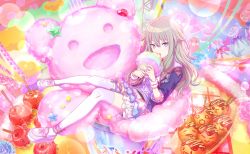 Rule 34 | 1girl, bag, blue jacket, bow, candy apple, colorful palette, cotton candy, eating, food, green hair, grey eyes, highres, jacket, kamikou festival! (project sekai), kusanagi nene, long hair, looking at viewer, low-tied long hair, official art, open mouth, project sekai, purple bow, purple shirt, scaffolding, scrunchie, shirt, shoes, sitting, solo, takoyaki, thigh strap, thighhighs, white footwear, white thighhighs, wrist scrunchie
