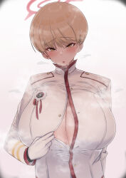 Rule 34 | 1girl, absurdres, blonde hair, blue archive, blush, breasts, button gap, buttons, cleavage, collared jacket, collared shirt, fuzinoe 13b, gloves, gradient background, halo, highres, huge breasts, jacket, long sleeves, looking at viewer, marina (blue archive), military, military jacket, military uniform, no bra, open clothes, open mouth, partially unbuttoned, revision, shirt, short hair, simple background, solo, steaming body, sweat, unbuttoned, uniform, upper body, white gloves, yellow eyes
