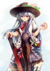 Rule 34 | 1girl, bad id, bad pixiv id, black hat, black thighhighs, blue hair, blue skirt, blush, boots, bow, bowtie, brown footwear, closed mouth, cross-laced footwear, dress shirt, food, fruit, garter straps, hat, hinanawi tenshi, holding, holding food, holding fruit, holding sword, holding weapon, keystone, knee boots, knee up, lace-up boots, leaf, long hair, looking at viewer, ookashippo, peach, puffy short sleeves, puffy sleeves, red bow, red bowtie, red eyes, shirt, short sleeves, sidelocks, skirt, smile, solo, sword, sword of hisou, thighhighs, touhou, weapon, white shirt