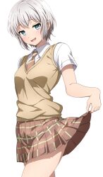 Rule 34 | 1girl, absurdres, aoba moca, bang dream!, blue eyes, blush, breasts, brown necktie, brown skirt, brown sweater vest, clothes lift, collared shirt, commentary, cowboy shot, diagonal-striped clothes, diagonal-striped necktie, grey hair, hand up, haneoka school uniform, highres, lifting own clothes, looking at viewer, medium breasts, miniskirt, necktie, noshimurin, parted lips, plaid, plaid skirt, pleated skirt, school uniform, shirt, short hair, simple background, skirt, skirt lift, smile, solo, standing, striped clothes, sweater vest, white background, white shirt