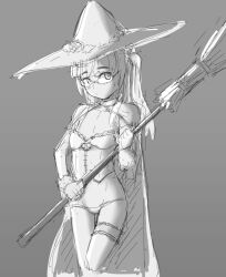 Rule 34 | 1girl, blush, breasts, broom, cape, glasses, greyscale, hat, highres, looking at viewer, monochrome, panties, perrine h. clostermann, shiri chin, simple background, sketch, small breasts, solo, strike witches, underwear, witch, witch hat, world witches series