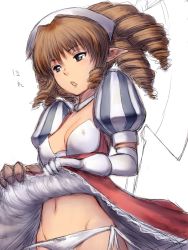 Rule 34 | 00s, 1girl, bow, bow panties, breasts, brown hair, cleavage, clothes lift, covered erect nipples, drill hair, elbow gloves, fumio (rsqkr), gloves, hairband, iron princess ymir, lowleg, lowleg panties, open mouth, panties, panty pull, pointy ears, queen&#039;s blade, side-tie panties, skirt, skirt lift, solo, underwear, untied panties, white panties, ymir (queen&#039;s blade), ymir (queen's blade)